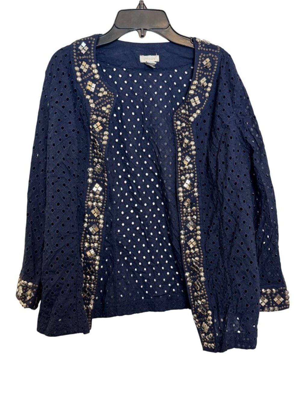 Chicos Navy Eyelet Open Cardigan With Beaded Trim & 3/4 Sleeves